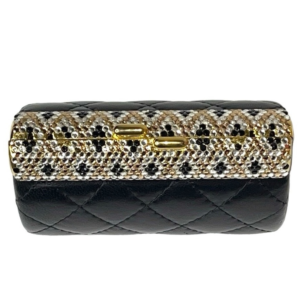 90s Beaded Rhinestone Clasp Quilted Black Leather Mini Bag Purse Chain Strap - Picture 14 of 16